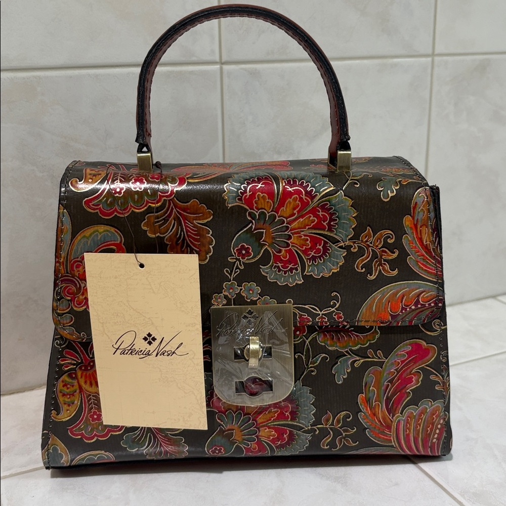 Patricia Nash Chauny Satchel in Italian Paisley Print against Olive Background